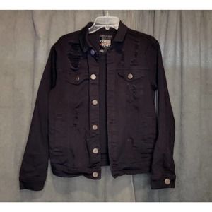 Copper Rivet Ripped Black Denim Jacket Size Men's Small S Very Good FREE SHIP!!